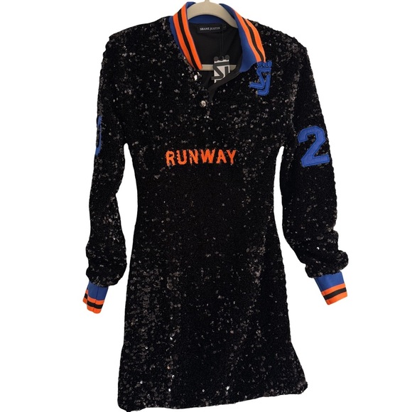NWT SHANE JUSTIN Black Sequin Runway Bodycon Long Sleeve Polo Mini Dress L - Picture 3 of 14